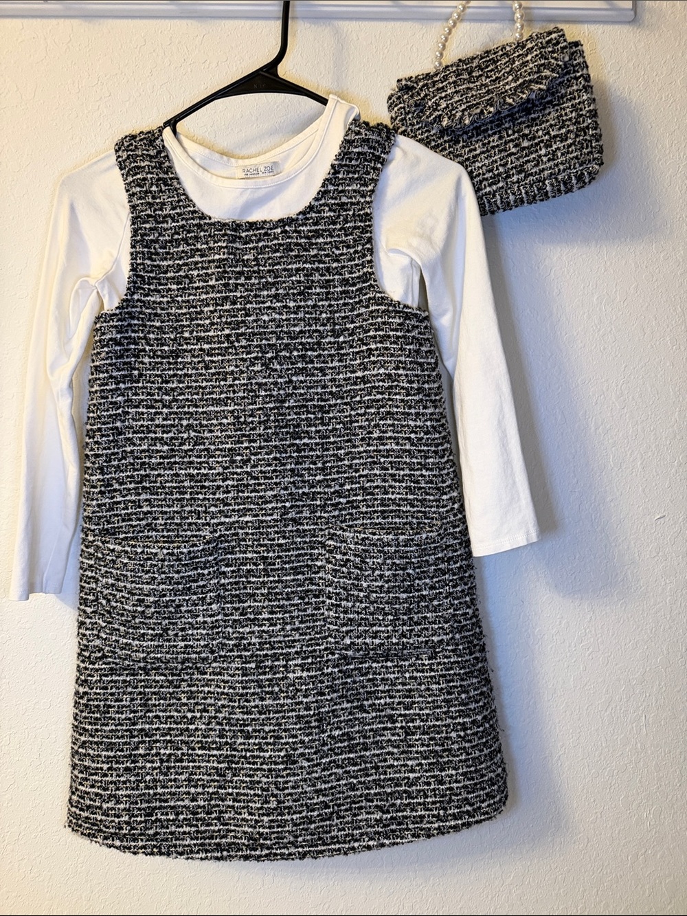 Rachel Zoe Black and White Tweed Pinafore Dress with Matching Bag